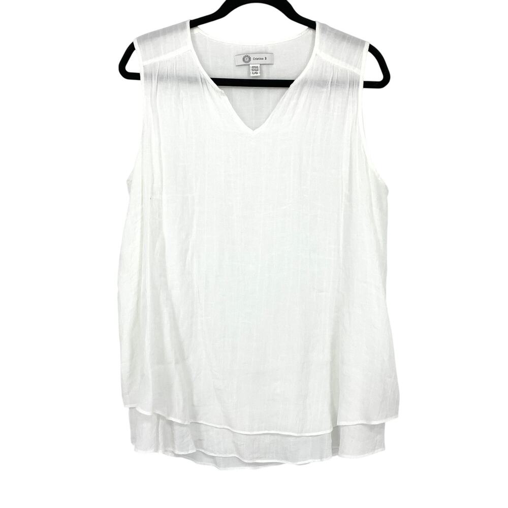 Cristina B V-Neck Sleeveless Layered Gauzy Tank Top Womens Sz Large White